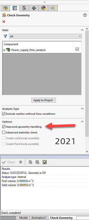 solidworks 2021 flow simulation check geometry with improved geometry handling