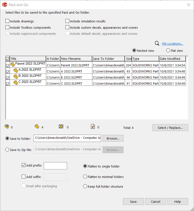 Split body separate part files accompany the parent part within the Pack and Go