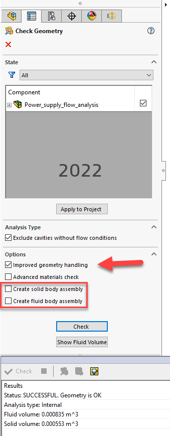 solidworks 2022 flow simulation check geometry with improved geometry handling