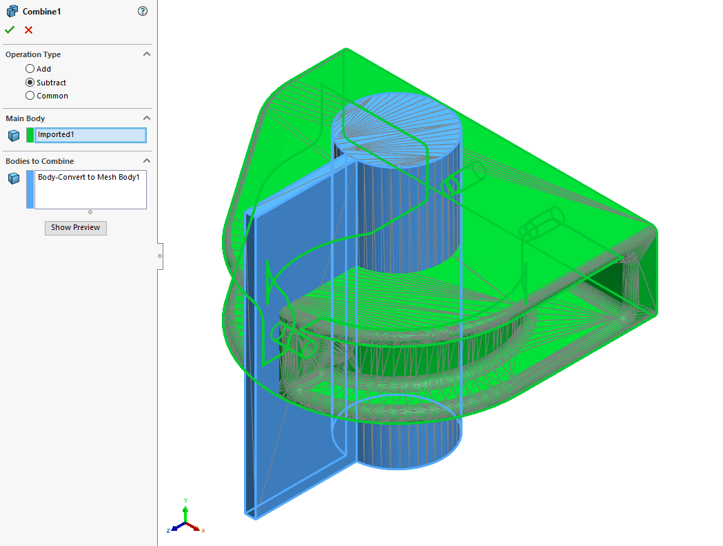 solidworks 2021 combine command subtract two mesh bodies