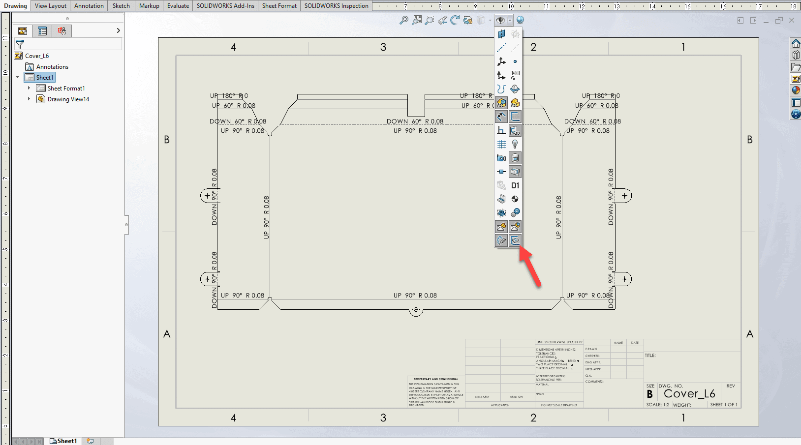 Bend lines toggled on in a sheet metal drawing file