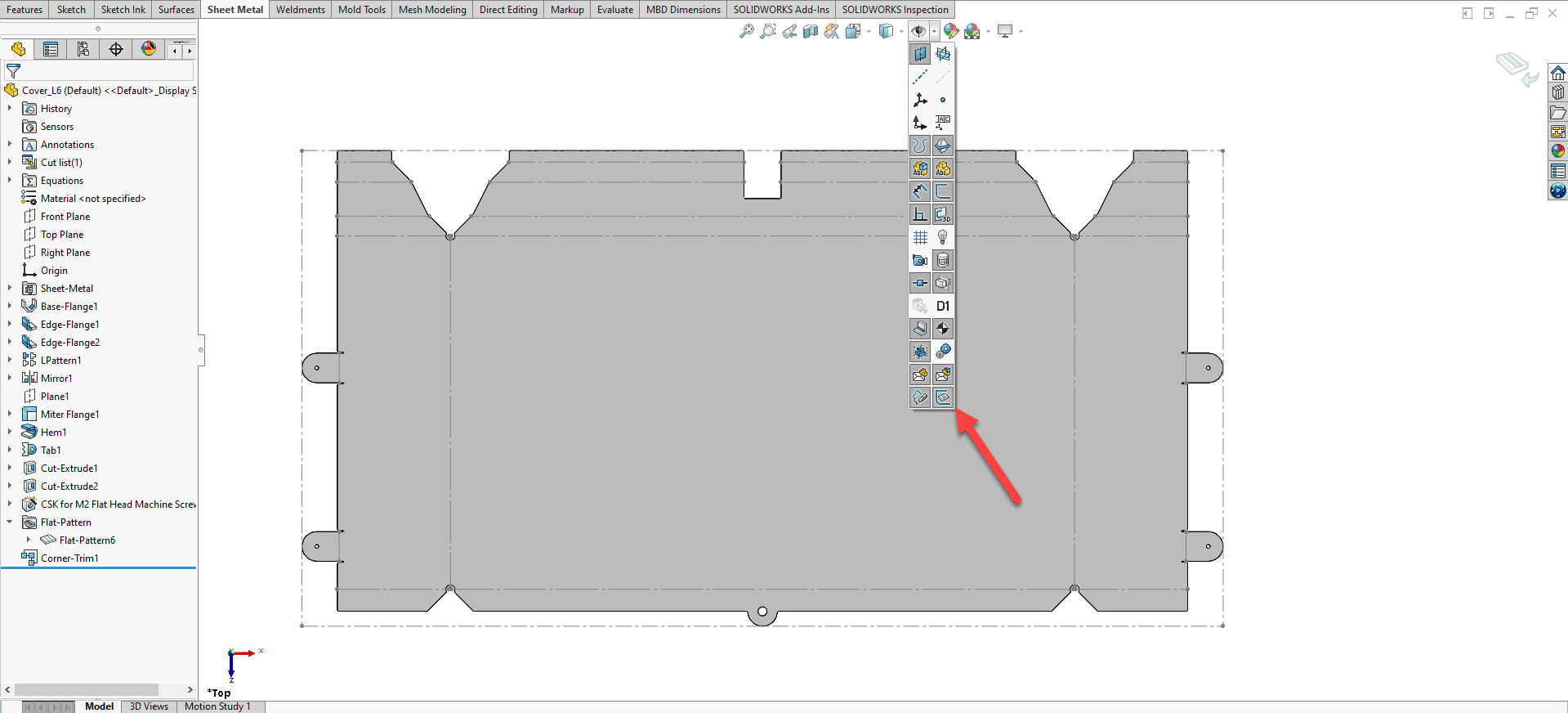 Bend lines toggled on in a sheet metal part file