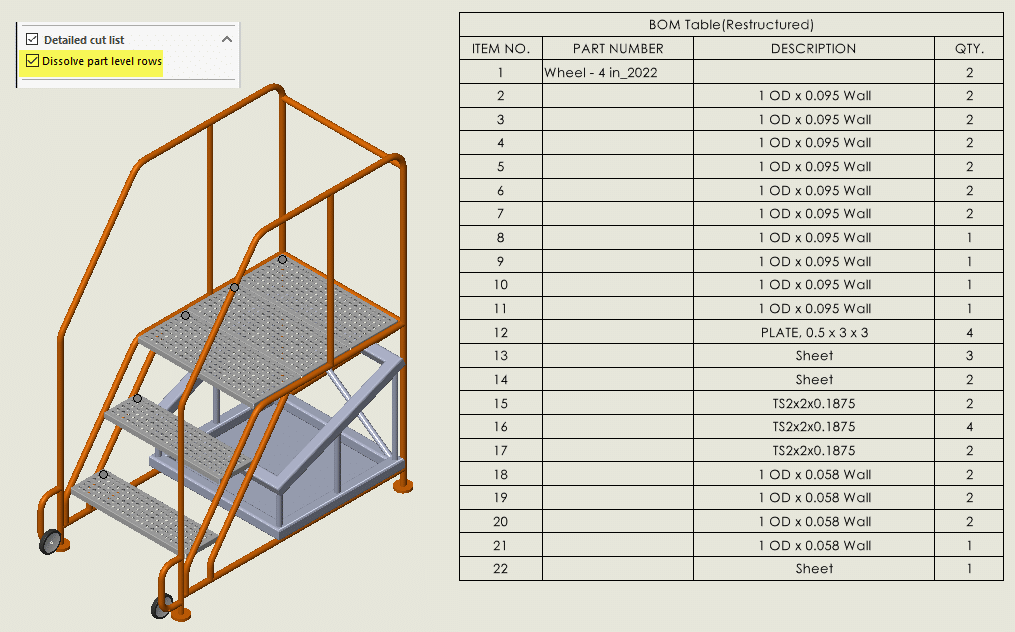 , SOLIDWORKS 2022 What’s New – Cut List Support in BOM Tables