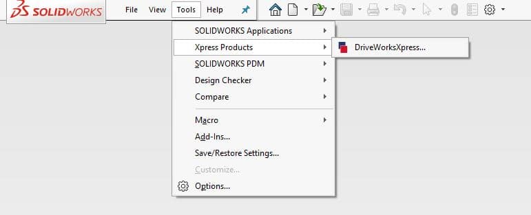 To activate DriveWorksXpress, open SOLIDWORKS and go to Tools, Xpress Products, and select DriveWorksXpress.
