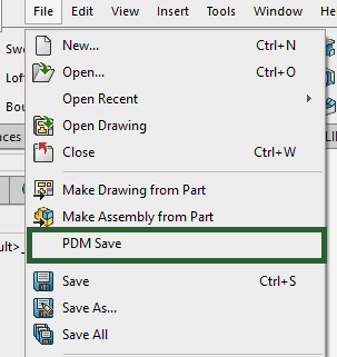 PDMSave is located in the "File" dropdown within SOLIDWORKS