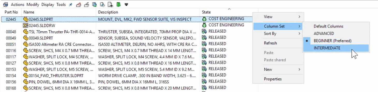 In PDM 2021, quickly change column sets in Windows Explorer with a simple right-click