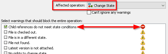 Selecting the child references do not meet state conditions will prohibit state changes if the child references are not in sync.