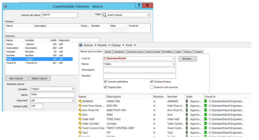 Image 5: The column set settings shown in the back, and the returned search results with the resulting columns shown in the front.