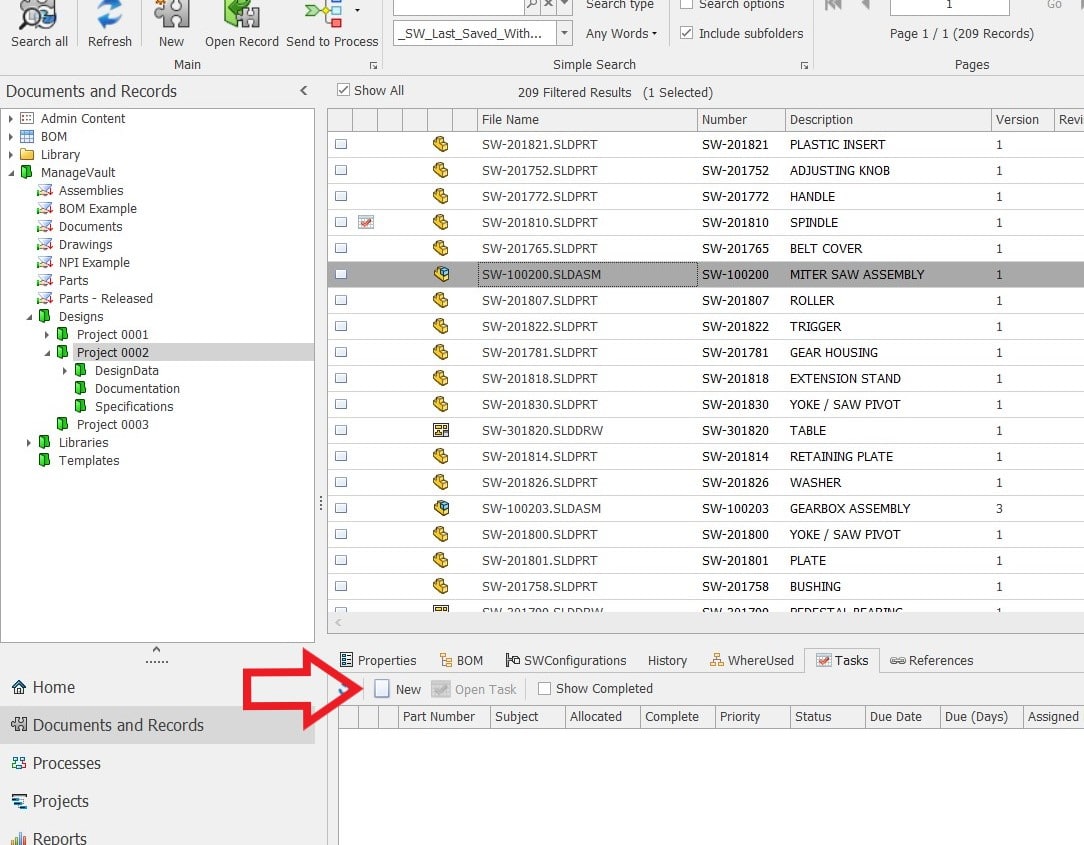 To create our assignable tasks in SOLIDWORKS Manage, we have to start by clicking New under Tasks.