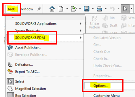 Change your PDM settings when working from home by going to Tools, SOLIDWORKS PDM, and Options.