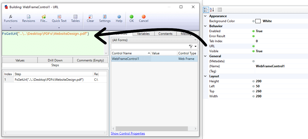 To view files in DriveWorks Live, just insert the FsGetUrl function in the URL rule.