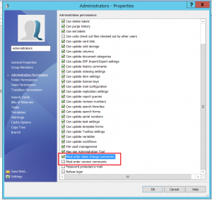 This image highlights the location of the new options as relates to groups permissions at the administrative permission level. Checking this will set it mandatory for all state changes no matter which change it does, as well as version comments. 