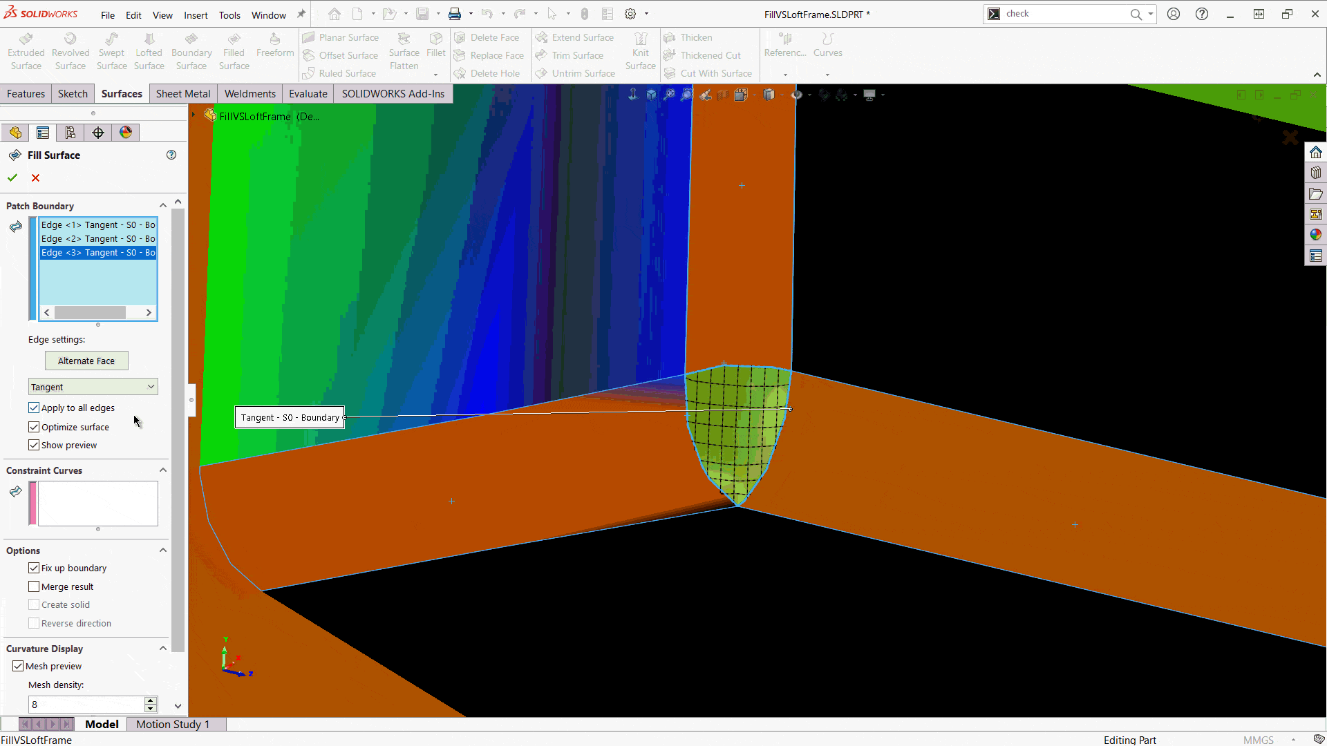 Surface modeling provides different methods to solve the same problem, such as a loft or fill surface to close a gap.