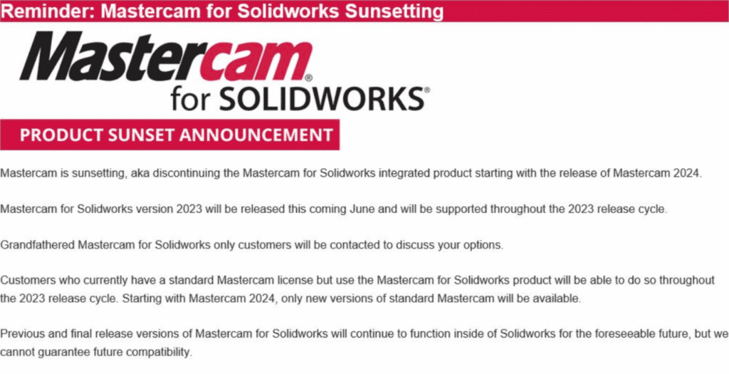 MasterCAM and GibbsCAM Add-in Sunset, SOLIDWORKS: MasterCAM and GibbsCAM Add-In Sunset