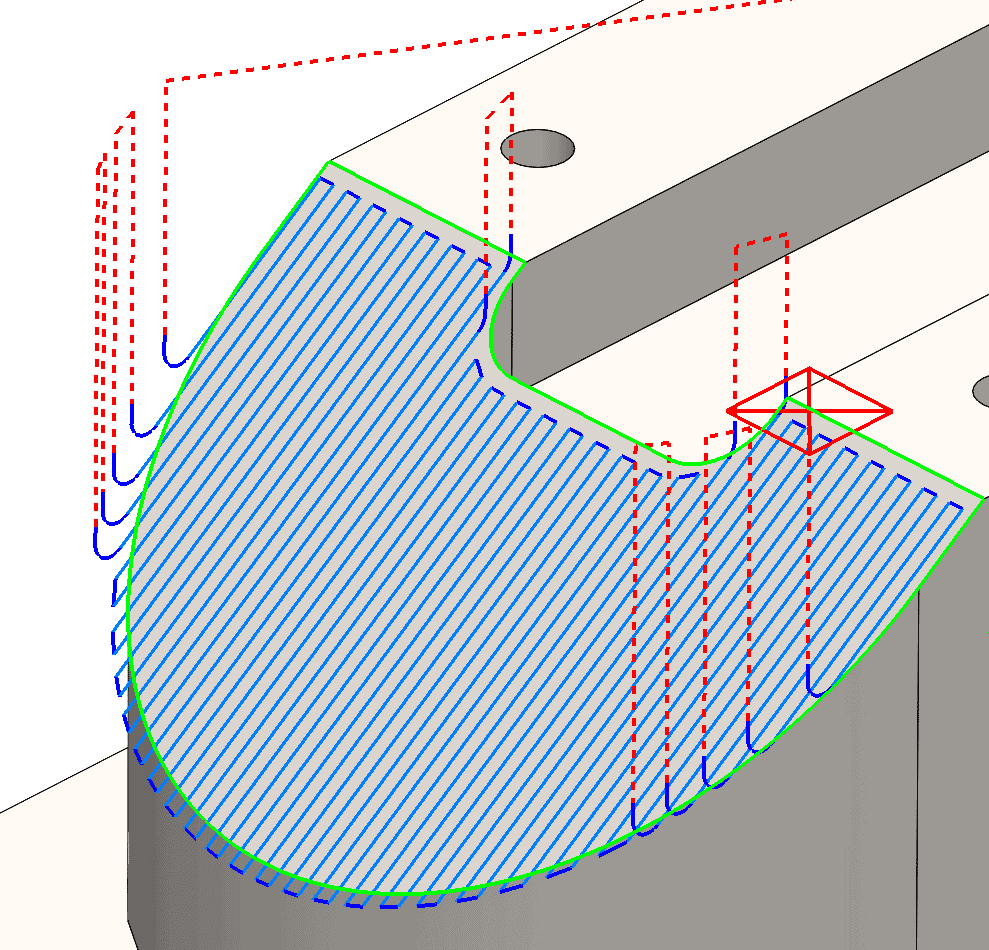 The slice pattern can be used for machining non-vertical areas of a part when you are trying to achieve semi-finishing and finishing of a 3-axis part feature.