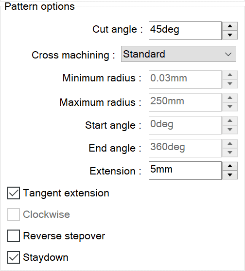 Additional options for the slice pattern. You can specify the angle, different radii, and machining options.