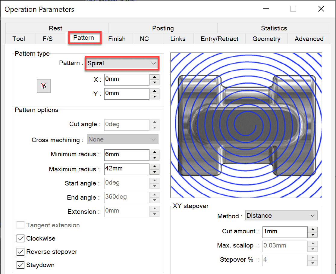 The spiral pattern project operation goes radially out from a start point, making it perfect for round shapes.