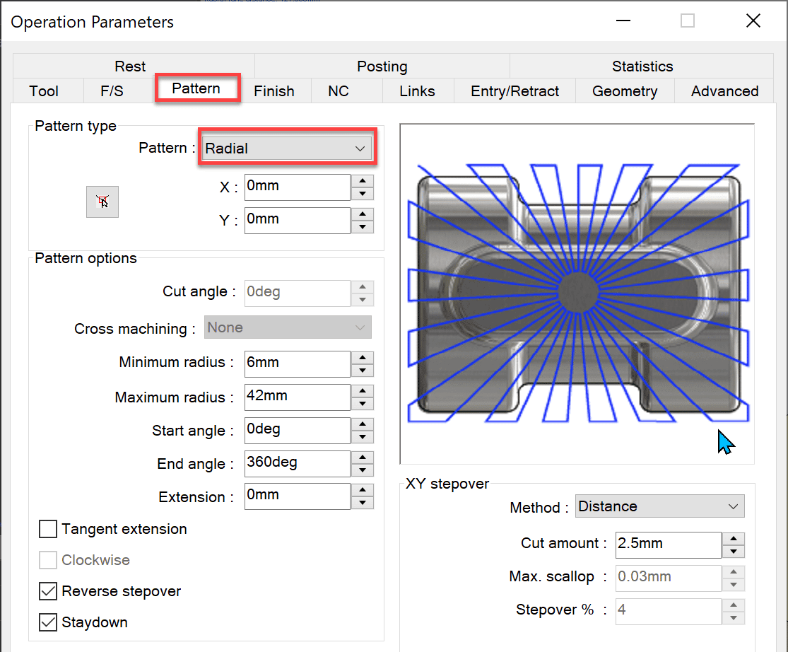 Additional options for the Radial patter project selection.