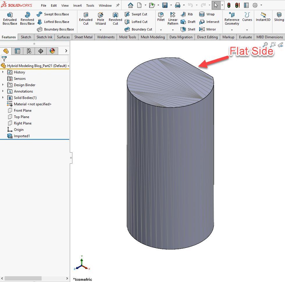 When working with mesh files, they often come into SOLIDWORKS as imported geometry, shown here.