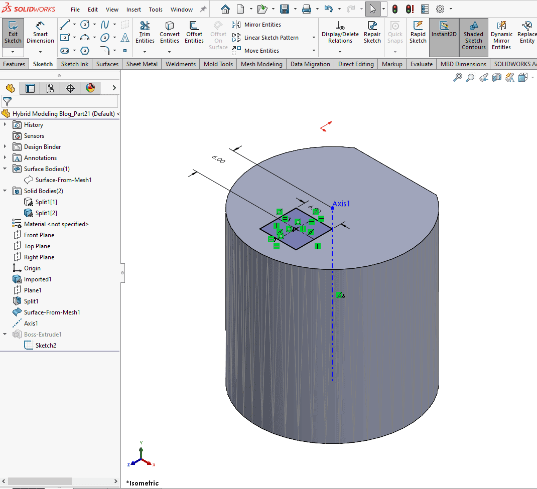 You can sketch on mesh files. Remember, they're geometry just like any extrusion you make in SOLIDWORKS.