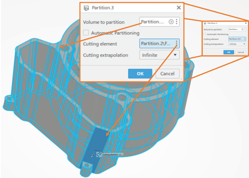 The partition tool in 3DEXPERIENCE Simulation lets you mesh your components one at a time, cutting away geometry that will interfere with mesing.