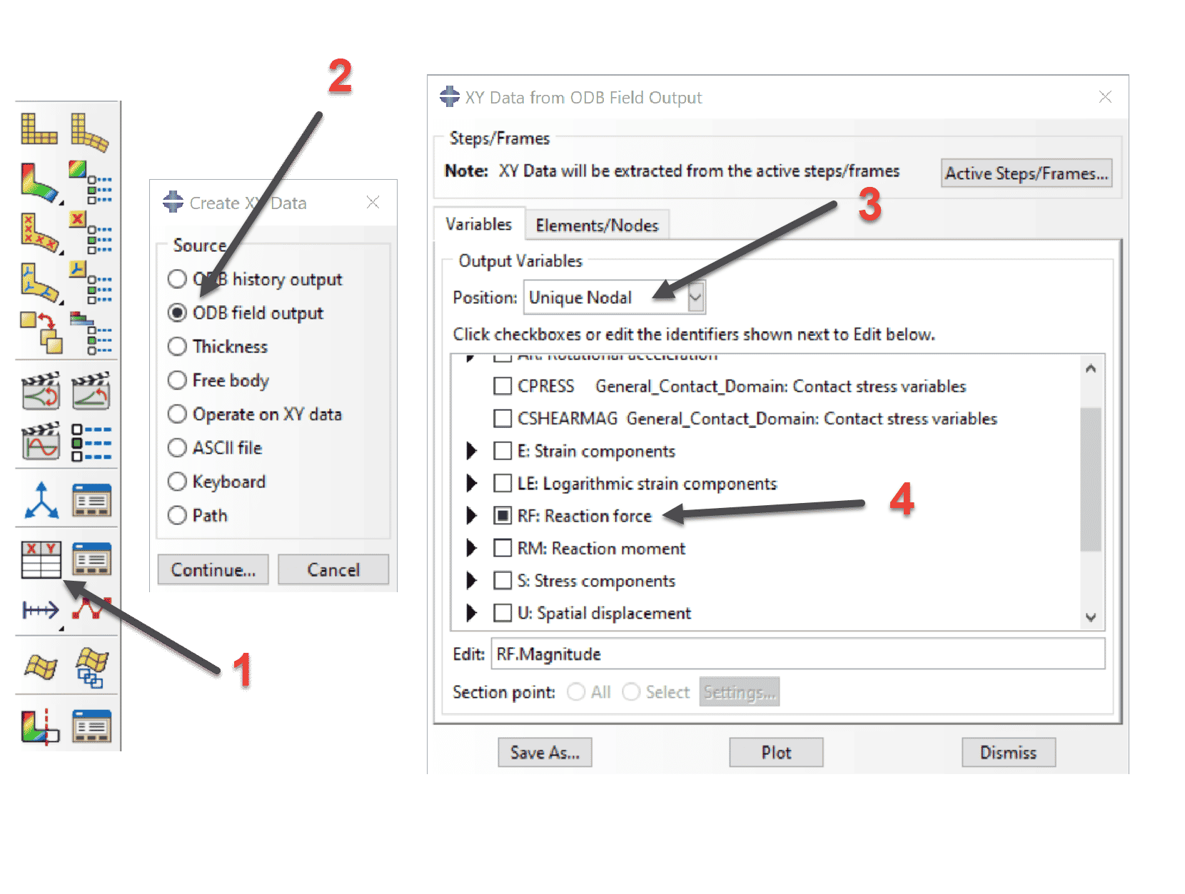 If you forget to request the history output, Abaqus, by default, outputs preselected field output variables. After step 4 (below), be sure to select the reference node tied to the legs of the trampoline frame. You can find this under the Elements/Nodes tab.