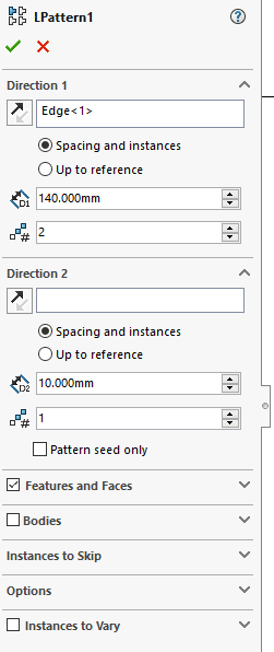 Here are the parameters for your linear feature. Editing feature patterns in SOLIDWORKS only takes a few clicks.