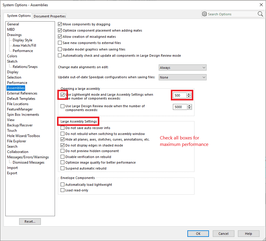 Large assembly mode in the assembly system options loads components as lightweight whenever your file exceeds a set number of components.