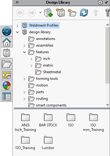 SOLIDWORKS library features live in the Design Library, which is generally on the right-side task pane.