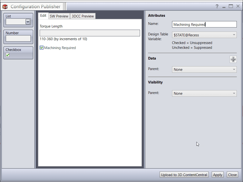 Set attributes and variables for SOLIDWORKS automation in the configuration publisher.