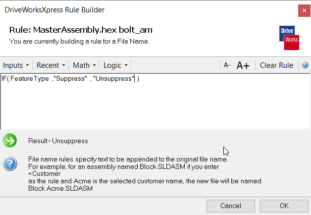 The DriveWorks rule builder is how we specify what our SOLIDWORKS automation is supposed to do.