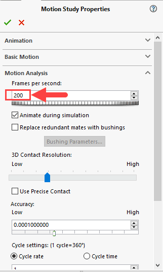 A SOLIDWORKS Motion study has several properties, including the option to select how quickly the frame animation plays back.