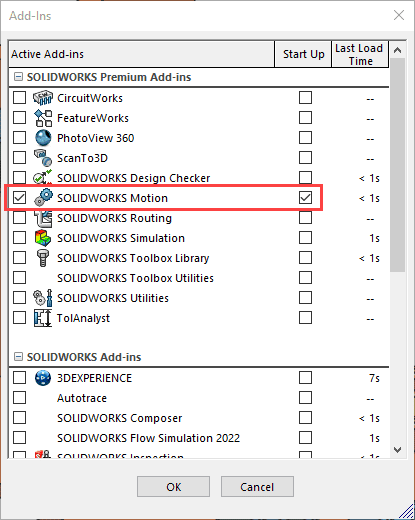 Activate SOLIDWORKS Motion analysis