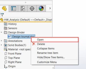 By default, SOLIDWORKS includes a design journal document in the design binder.
