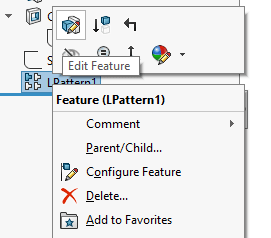 When working with feature patterns in SOLIDWORKS, simply right-click on the feature and choose "Edit Feature".