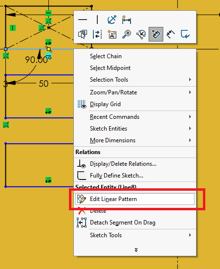 To edit a sketch pattern in SOLIDWORKS, right-click on a patterned object or the seed, then "edit pattern" will show up on the menu.