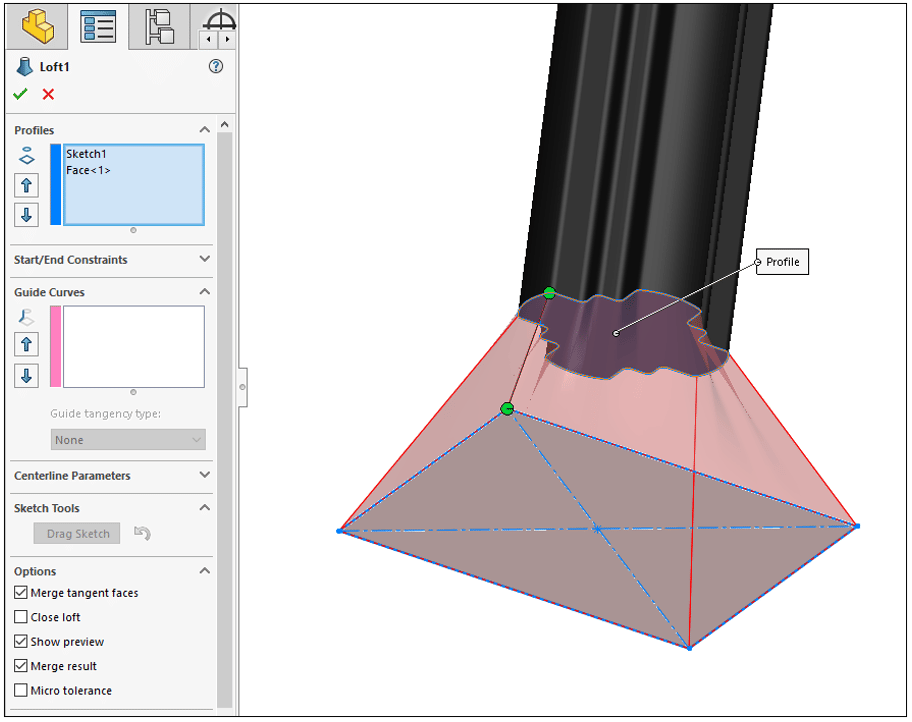 Part design with hybrid modeling - loft using a face as a sketch profile in SOLIDWORKS 2023.