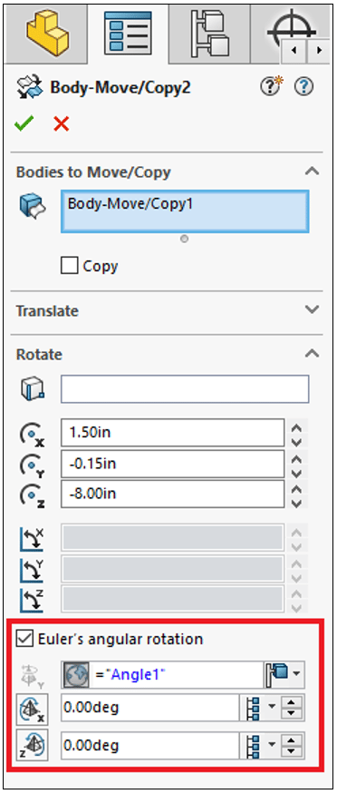 Euler's angular rotation settings were added to the move/copy body feature in SOLIDWORKS 2023.