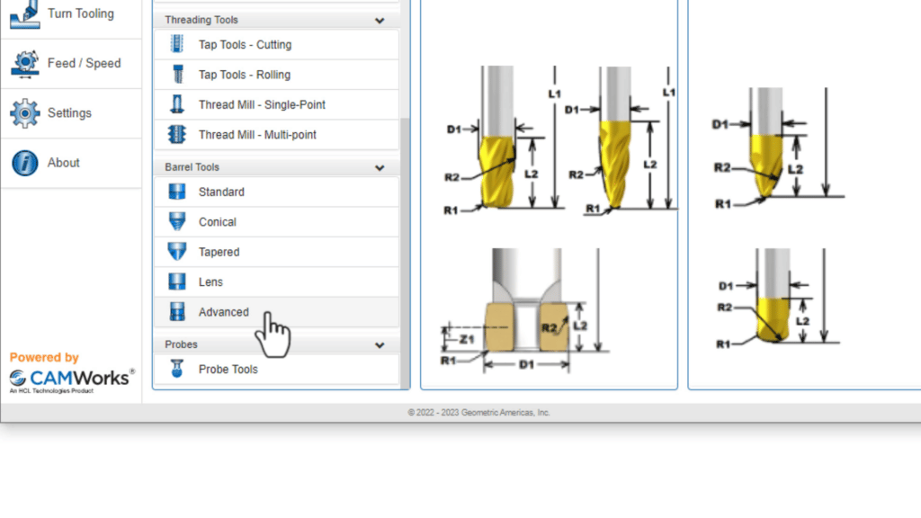 Picture showing the SOLIDWORKS interface to add barrell tools and visual depictions of each different type of barrel tool, standard, conical, tapered, lens and advanced.