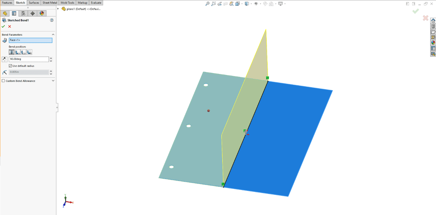 Sketched bends in SOLIDWORKS sheet metal let us bend the paper along our desired bend lines.