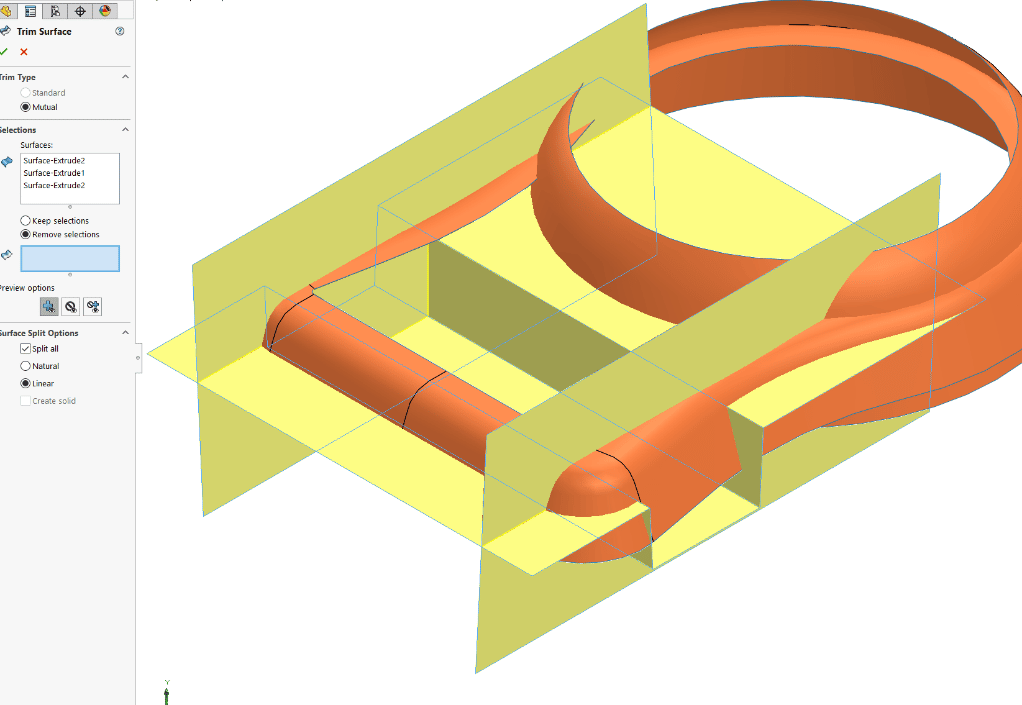 I’ll use the Mutual trim type because I have three surfaces as the trimming tool.