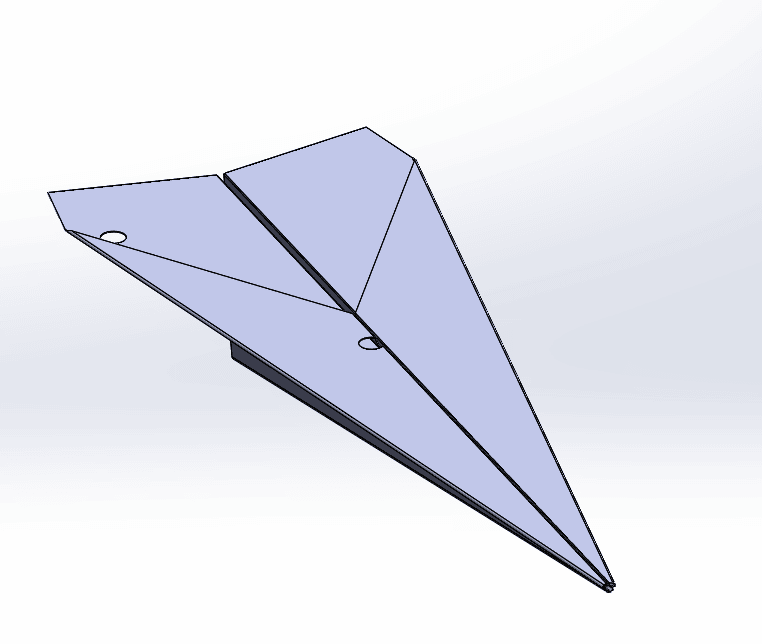A paper airplane made using SOLIDWORKS sheet metal features.