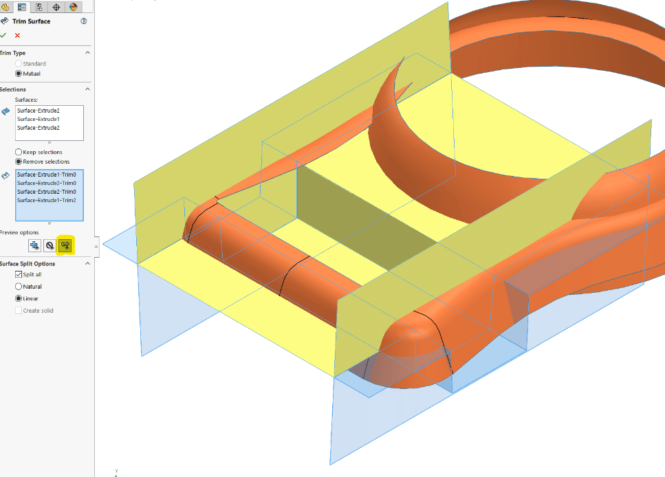 Notice, I’m using the preview option to "show both included and excluded surfaces". The blue selections are the portions of the surface that SOLIDWORKS will remove. Meanwhile, the yellow sections are the portions of the surface that SOLIDWORKS will keep.