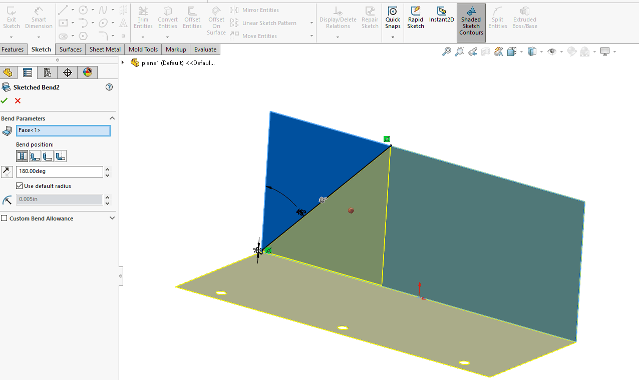 Making a paper airplane in SOLIDWORKS requires several different angles. Luckily, sketched bends are very flexible tools.