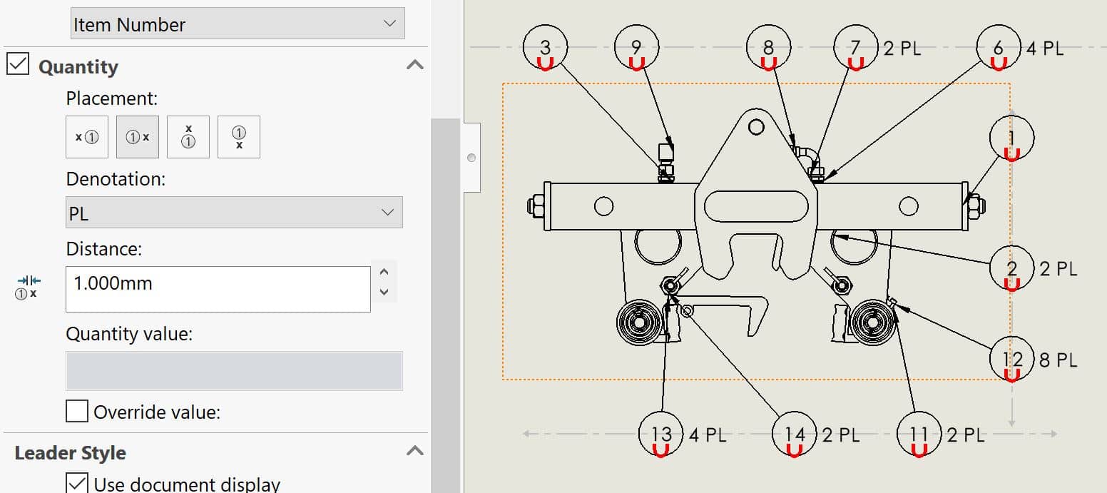 The auto-balloon feature in SOLIDWORKS 2023 drawings lets you add quantity values to the balloons themselves.