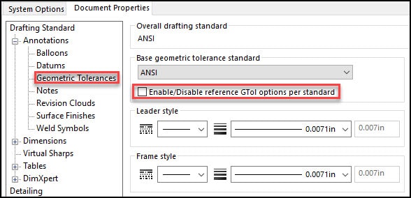 Additional new options in SOLIDWORKS 2023 include new Document Properties for Geometric Tolerance symbols. This new “Enable/Disable options per standard” can be found under Annotations>Geometric Tolerances and allows the user to limit symbols to a standard if enabled.