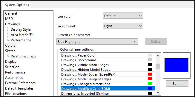 Two new System Options in SOLIDWORKS 2023 with color manipulation have been added. One is now giving users the ability to set the color for highlighting when a BOM cell has been manually changed, the second is for setting the color of sketch/explode lines. Both provide improved communication when working with drawings.