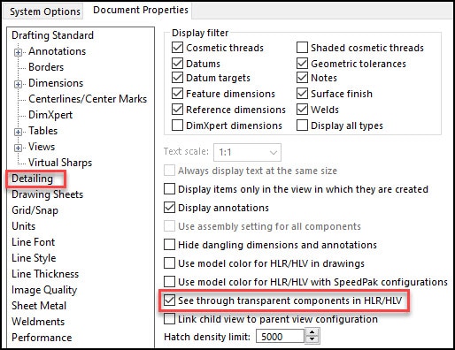 A new option in SOLIDWORKS 2023 is the option to see through transparent components in HLR/HLV. This now allows you to show transparent components in drawing views as Hidden Lines Removed or Visible, no longer forcing users to show views as Shaded in order to see this transparency
