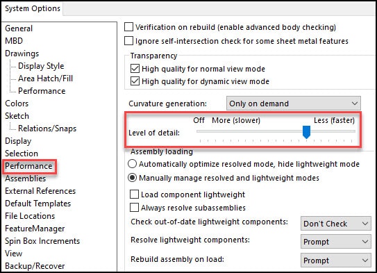 The final new option in SOLIDWORKS 2023 relates to performance gains when manipulating views during modeling. By using Level of Detail in the System Options, you can improve performance while Zooming In/Out, Panning, and Rotating draft quality HLR/HLV and wireframe modes of models.