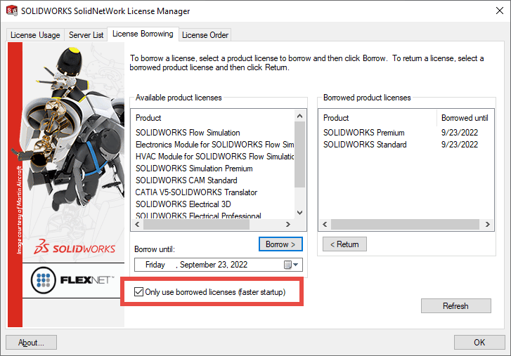 Now when you use the "Borrow License" function with network licenses, you have the option to use only borrowed licenses and to block the client's communication with the server.